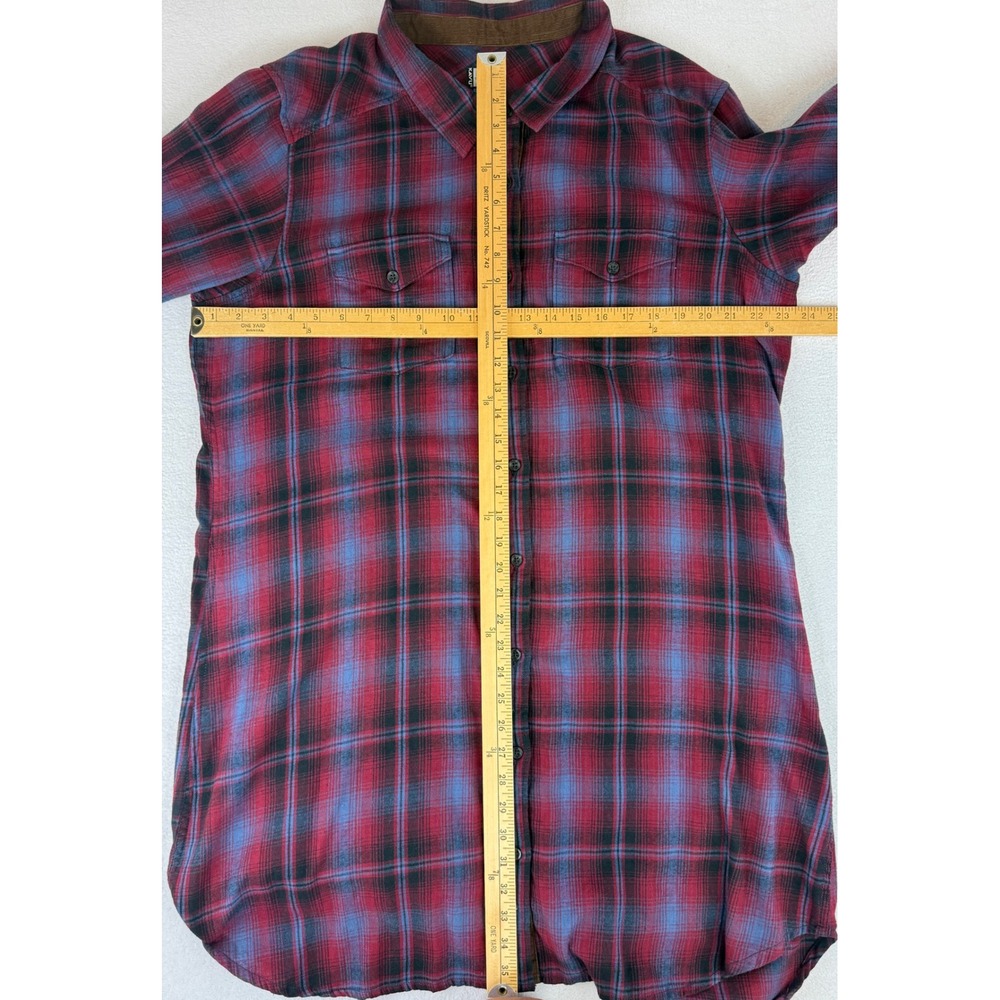 KAVU Shirt Dress Womens XXL Red Blue Plaid Flannel Button Up Elbow Patches - Picture 5 of 9